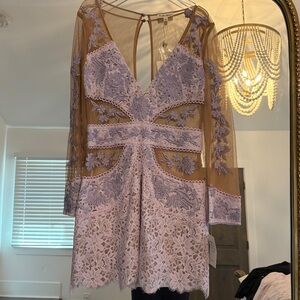 For Love & Lemons Beige Mesh Dress with Lavender Embroidery